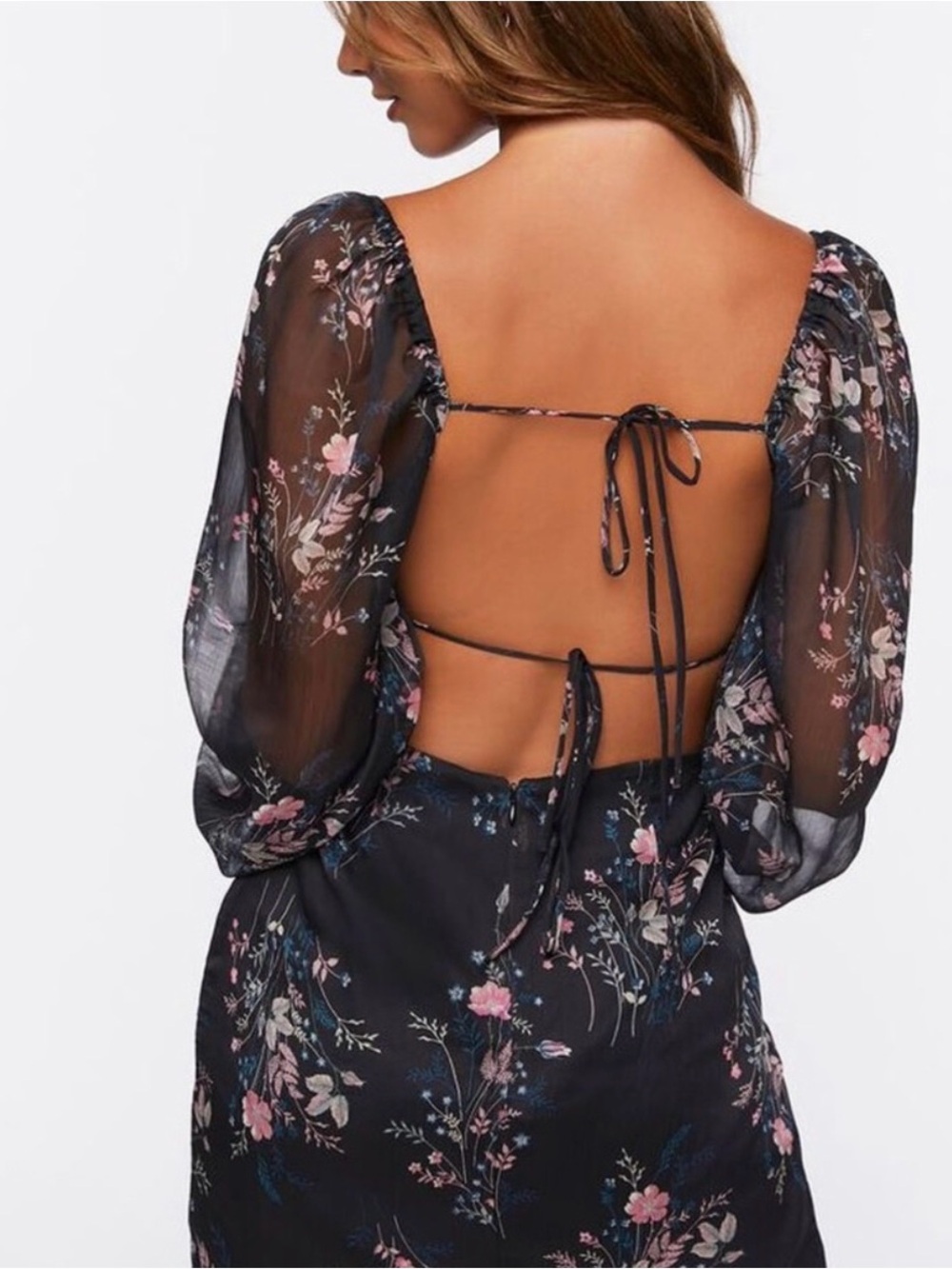 Forever 21 Black Floral Sheer-Sleeve Square Neck Mini Dress - Picture 2 of 5
